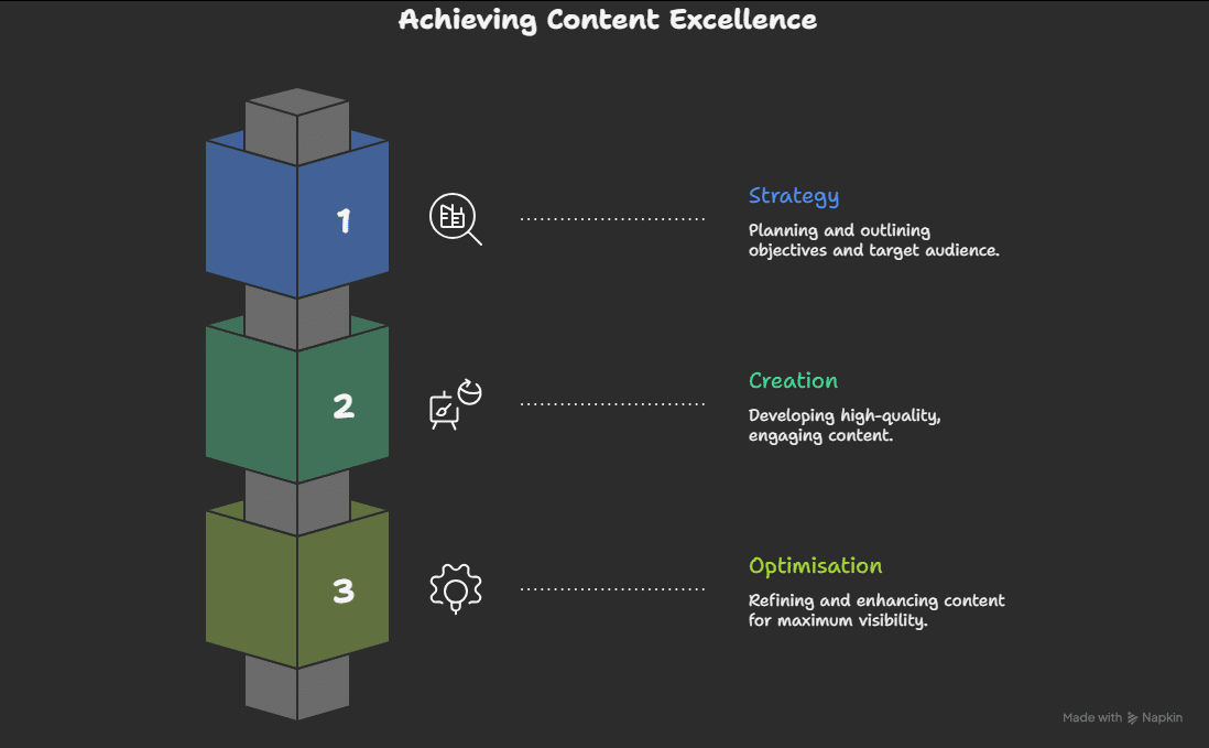 A graphic titled Achieving Content Excellence, designed by a leading Digital Marketing Agency Ireland, shows three stacked blocks labeled 1 (Strategy), 2 (Creation), and 3 (Optimisation), each with icons and brief descriptions on a black background.