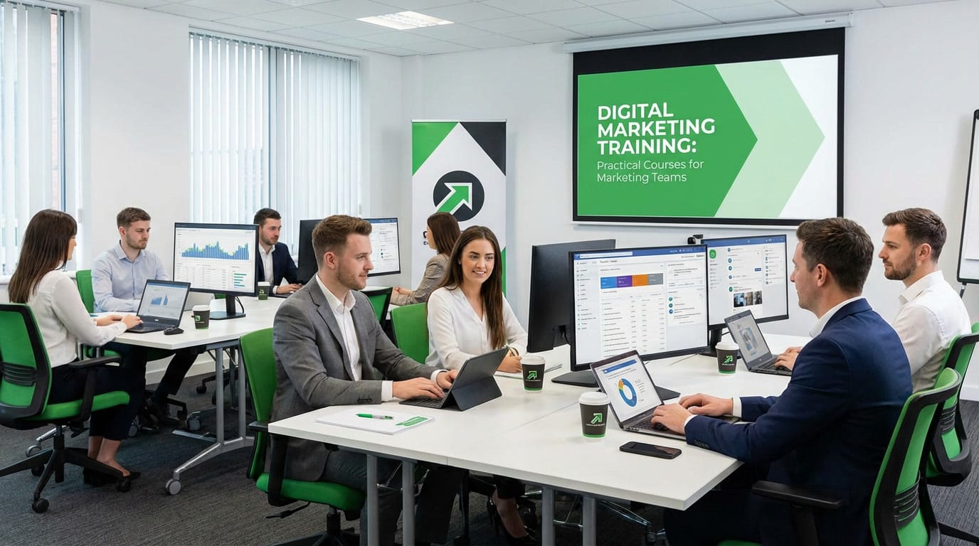 A group of professionals sit at desks with laptops and monitors in a modern office classroom, attending an interactive digital marketing training session. A large screen at the front displays “Digital Marketing Training.”.