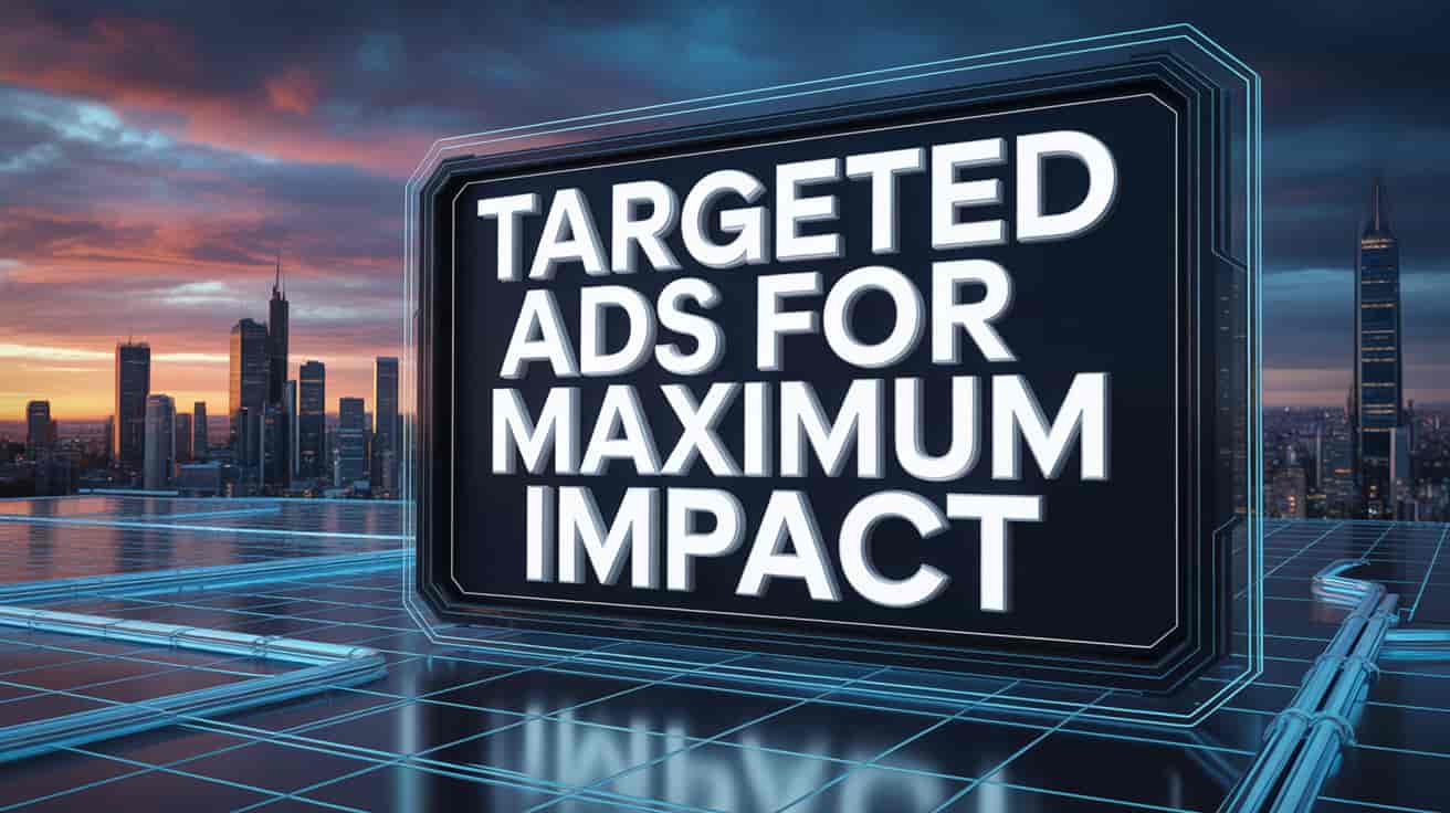 A futuristic cityscape at sunset with a large digital sign in the foreground displaying the words TARGETED PPC ADS FOR MAXIMUM IMPACT in bold white letters, highlighting the power of Dynamic Keyword Insertion.