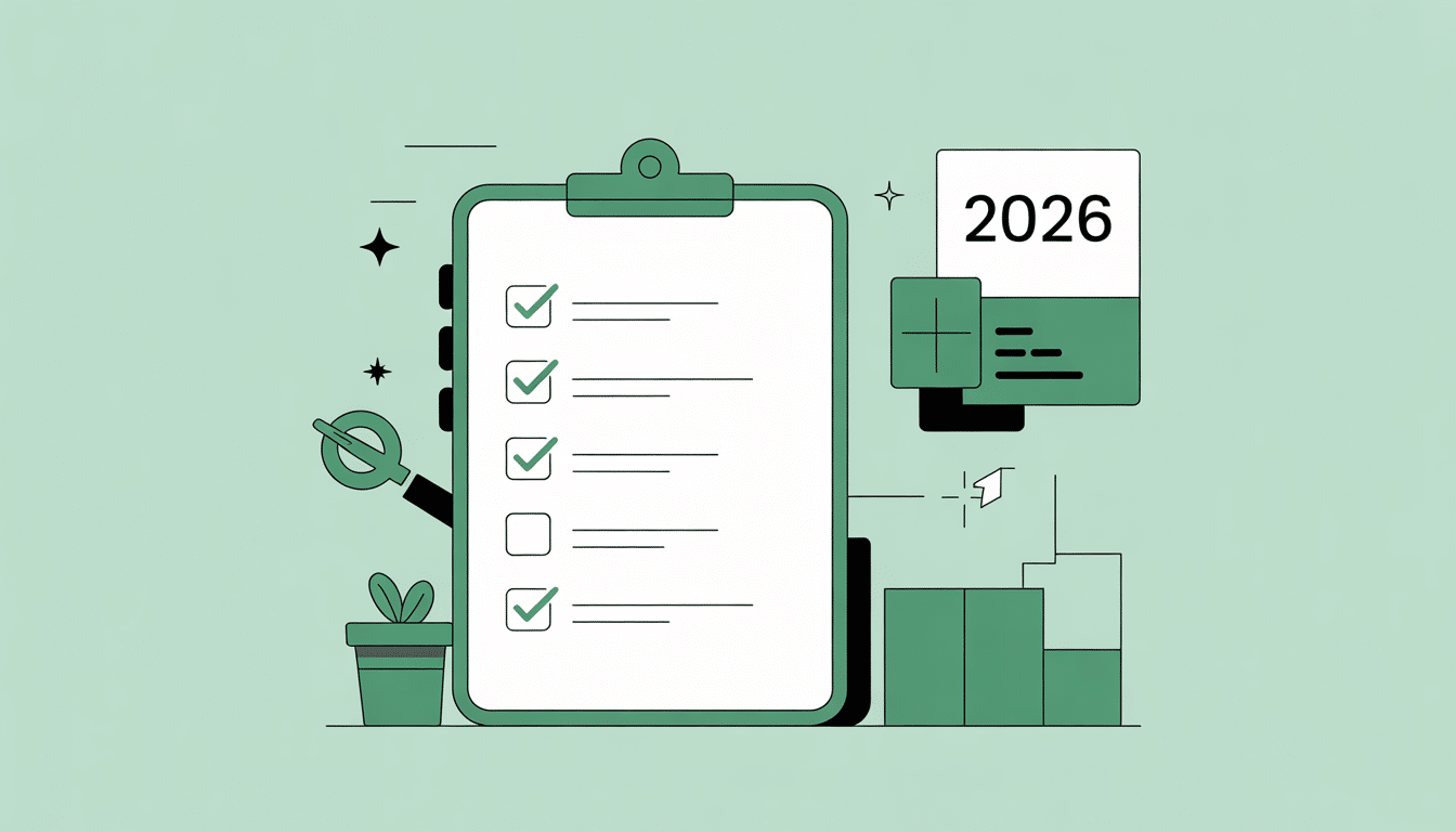 Illustration of a clipboard with a checklist for Domain Management, most boxes ticked off, next to a 2026 calendar, pie chart, bar graph, magnifying glass, and potted plant on a green background.