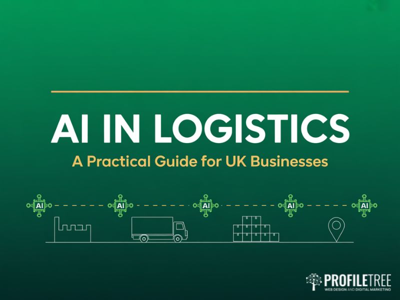 Hero image for AI in logistics guide showing a supply chain flow from factory to delivery with AI circuit nodes at each stage and title text reading AI in Logistics A Practical Guide for UK Businesses