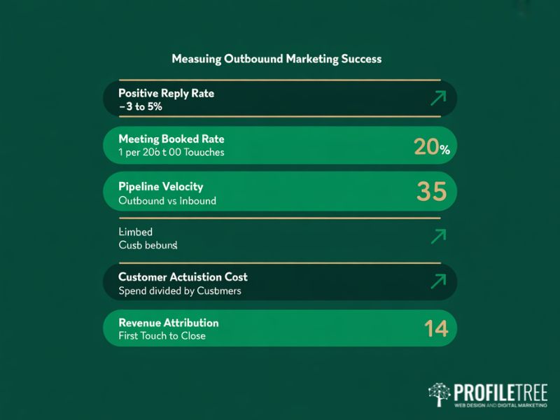 Flat vector dashboard showing five key outbound marketing metrics to track beyond open rates including positive reply rate meeting booked rate and revenue attribution