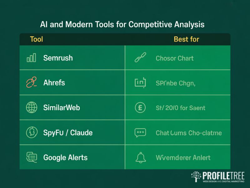 Flat vector reference table showing six competitive analysis tools including Semrush Ahrefs and AI tools with their primary use cases