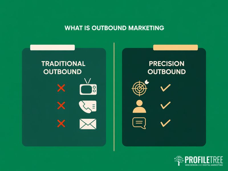 Flat vector comparing traditional outbound marketing using broad reach tactics against modern precision outbound marketing using targeted account-based approaches