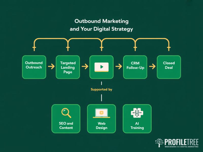 Flat vector showing how outbound marketing integrates with a wider digital strategy including SEO web design and AI training as supporting channels from first outreach to closed deal