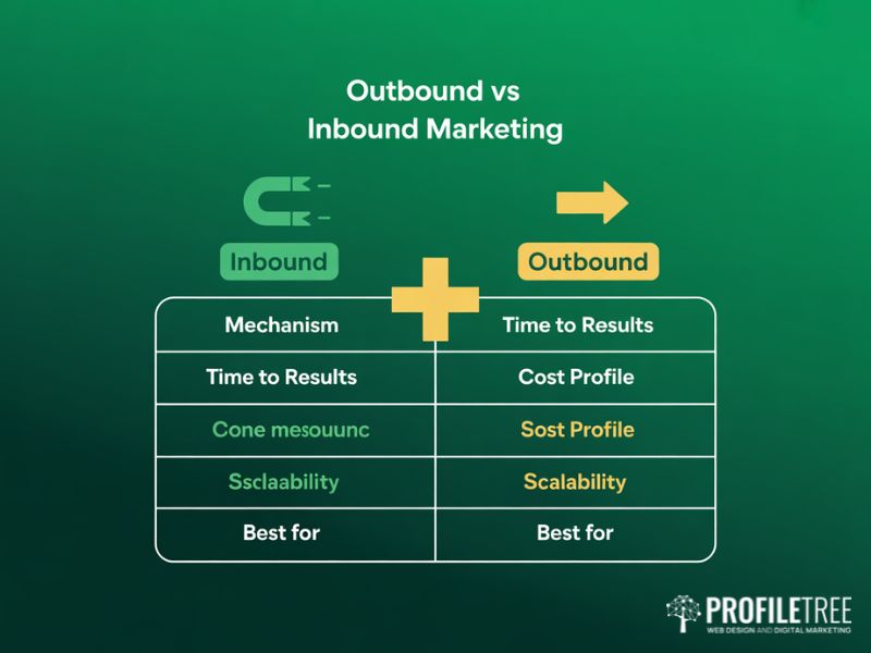 Flat vector comparison table showing the differences between inbound and outbound marketing across five dimensions including time to results scalability and best use cases
