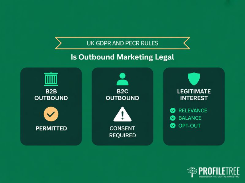 Flat vector showing UK outbound marketing legal rules under GDPR and PECR including the three-part legitimate interest test for B2B outreach