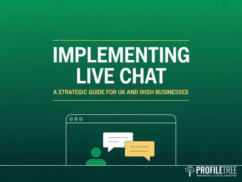 Hero image for implementing live chat guide showing a browser window with a live chat bubble and online status indicator with title text reading Implementing Live Chat A Strategic Guide for UK and Irish Businesses