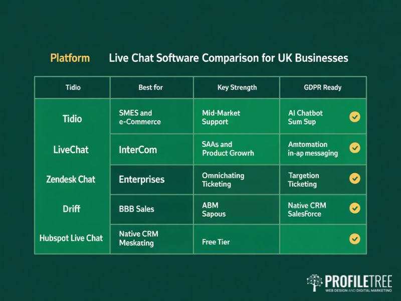 Flat vector comparison table showing six live chat software platforms including Tidio LiveChat Intercom Zendesk Drift and HubSpot with best use cases key strengths and GDPR readiness for UK businesses