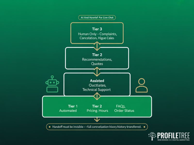 Flat vector three-tier diagram showing the AI and human hybrid workflow for implementing live chat with automated tier one assisted tier two and human-only tier three escalation
