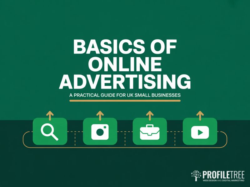 Hero image for basics of online advertising guide showing four platform icons for Google Instagram LinkedIn and YouTube with title text reading Basics of Online Advertising A Practical Guide for UK Small Businesses