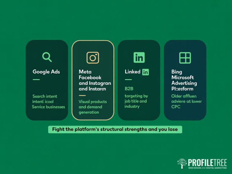 Flat vector showing four online advertising platforms including Google Ads Meta LinkedIn and Bing with the best business type and use case for each as part of the basics of online advertising