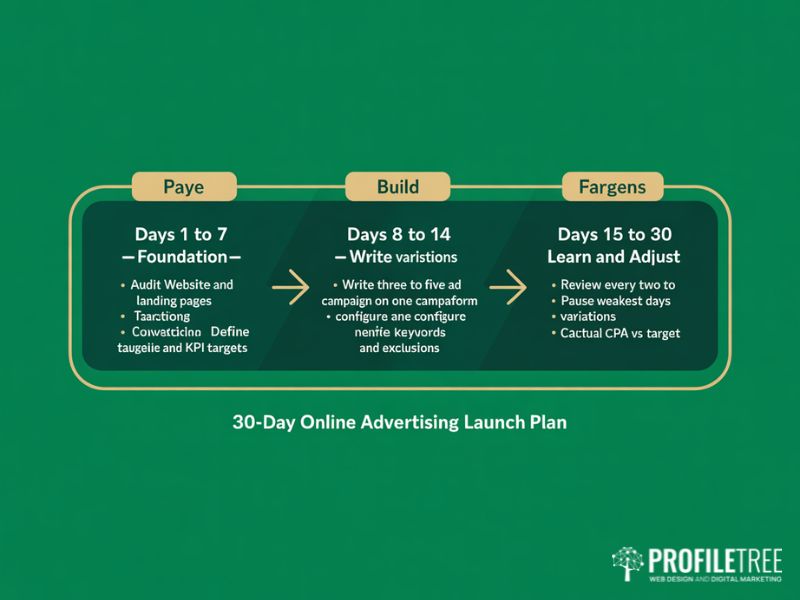 Flat vector three-phase timeline showing a 30-day online advertising launch plan covering foundation in days one to seven building in days eight to fourteen and learning and adjusting in days fifteen to thirty