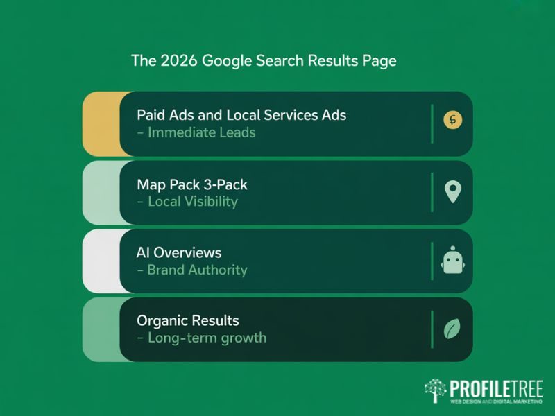 Flat vector diagram showing the four zones of the 2026 Google search results page including paid ads the map pack AI overviews and organic results with priority labels for each