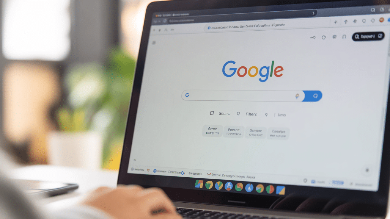 A person uses a laptop displaying the Google Advanced Image Search page, with the search bar and Google logo visible, in a bright indoor setting.