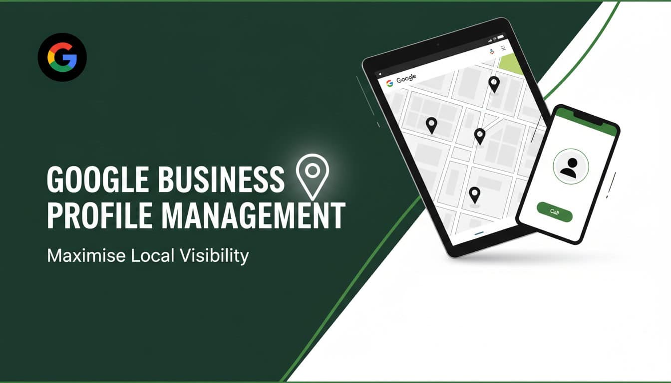 Graphic featuring the Google logo, "Google Business Profile Management – Maximise Local Visibility," and illustrations of a map with location pins on tablet and mobile screens, highlighting expert Google Business Profile services.