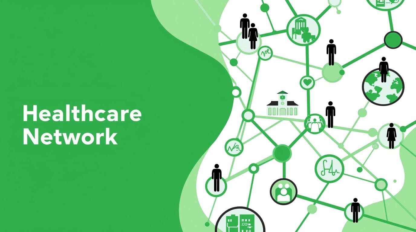Healthcare SEO: Green and white graphic with the words Healthcare Network on the left and interconnected icons of people, hospitals, medical symbols, and networks on the right, representing connected healthcare systems.