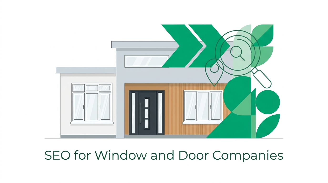 Illustration of a modern house with large windows and a door, overlaid with green arrows and a magnifying glass icon. Text below reads: “SEO for Window and Door Companies—helping homeowners find top Door Companies.”.