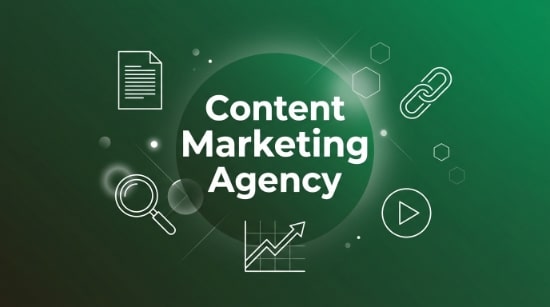White text Content Marketing Agency on a green background with icon outlines representing content marketing, including a document, chain link, magnifying glass, graph, hexagons, and a play button.