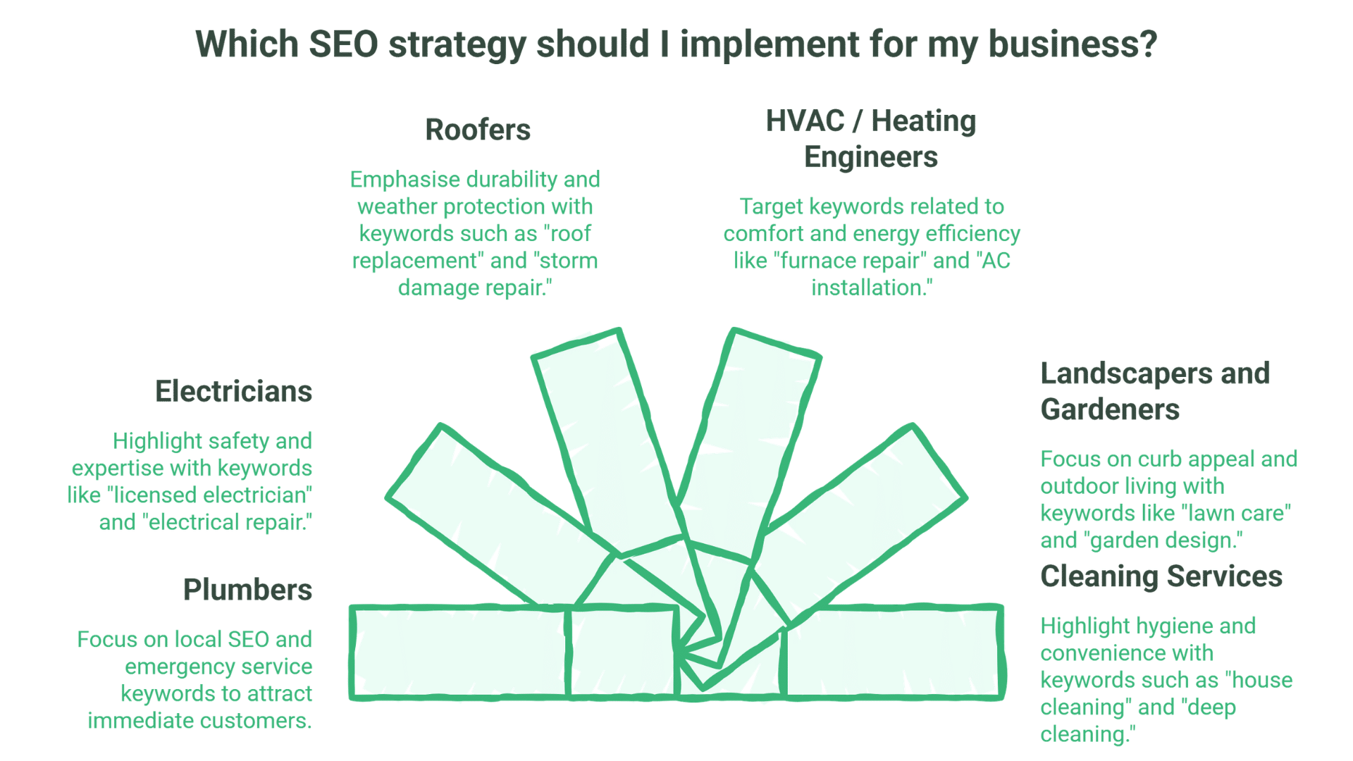 An infographic displaying home services SEO strategies for roofers, HVAC engineers, electricians, landscapers, plumbers, and cleaning services, each with recommended keyword focuses highlighted in text boxes around a brick arch.