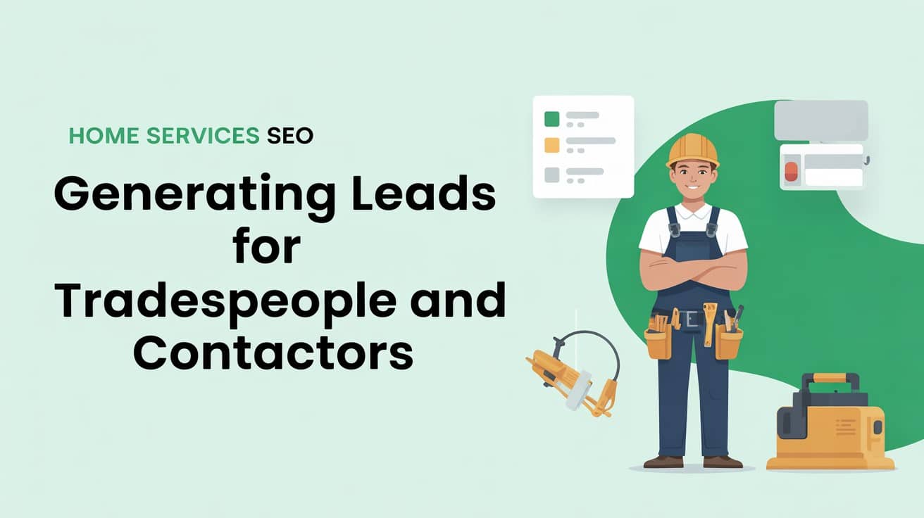 An illustrated tradesperson in overalls and a hard hat stands with arms crossed beside tools, with the text Generating Leads for Tradespeople and Contactors and Home Services SEO on a light green background.