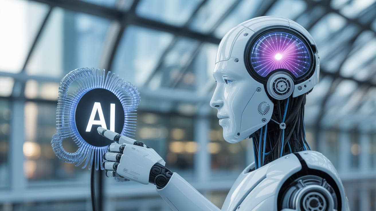 A humanoid robot with a glowing head touches a digital display labeled AI in a modern glass building, symbolizing artificial intelligence, advanced technology, and the future of AI training in Belfast.