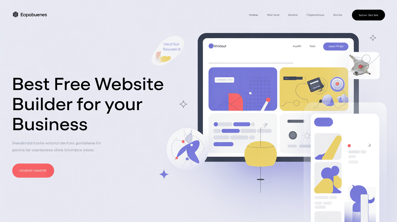 A modern landing page for the Best Free Website Builder for Your Business, featuring bold text, digital interface illustrations, floating icons, and a red Get Started button. Soft colors and geometric shapes complete the stylish WIX-inspired design.