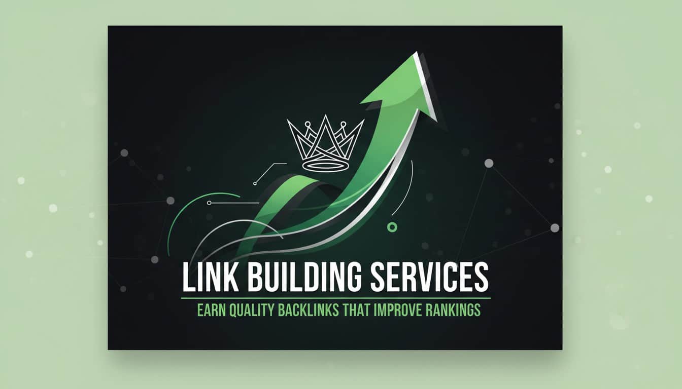 A green upward arrow with a crown above it is on a dark background with digital network elements. Text reads: Link Building Services – Expert strategies to earn quality backlinks and improve rankings.