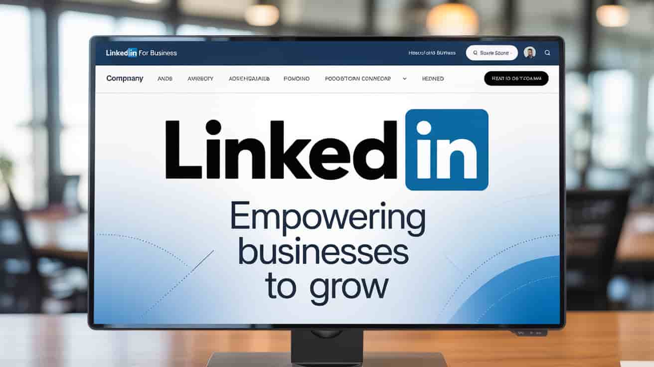 A computer monitor displays the LinkedIn for Business website homepage with the text LinkedIn Empowering businesses to grow in bold, black and blue letters, highlighting how social networking on this platform helps answer, “Is LinkedIn Good for Business?”.