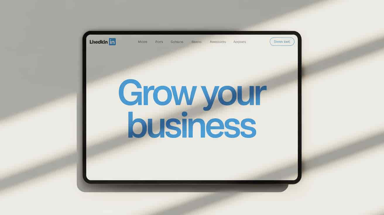 A tablet screen displays the LinkedIn for Business website with the main message Grow your business in large blue text. Sunlight casts diagonal shadows across the scene, highlighting the social platform's role in business growth.