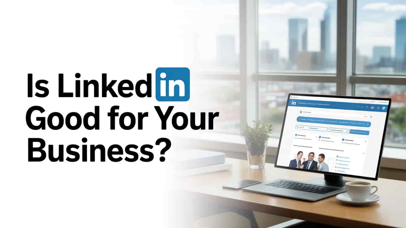 A computer on a desk displays LinkedIn’s homepage. Large text asks, “Is LinkedIn Good for Business?” with office windows and city buildings outside, highlighting the power of social networking for companies.