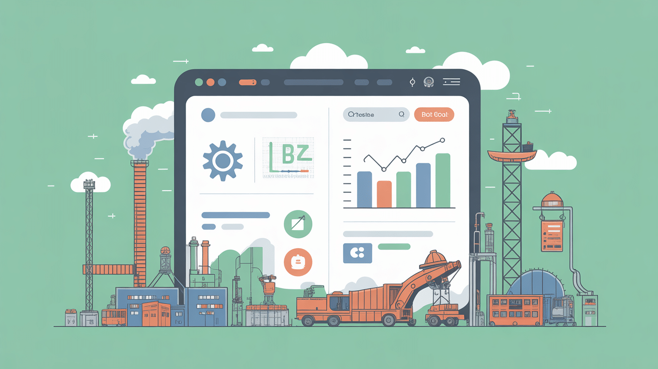 Illustration of a tablet screen displaying industrial data, graphs, and charts, surrounded by factories and construction equipment against a green background—perfect for highlighting Manufacturing SEO strategies.