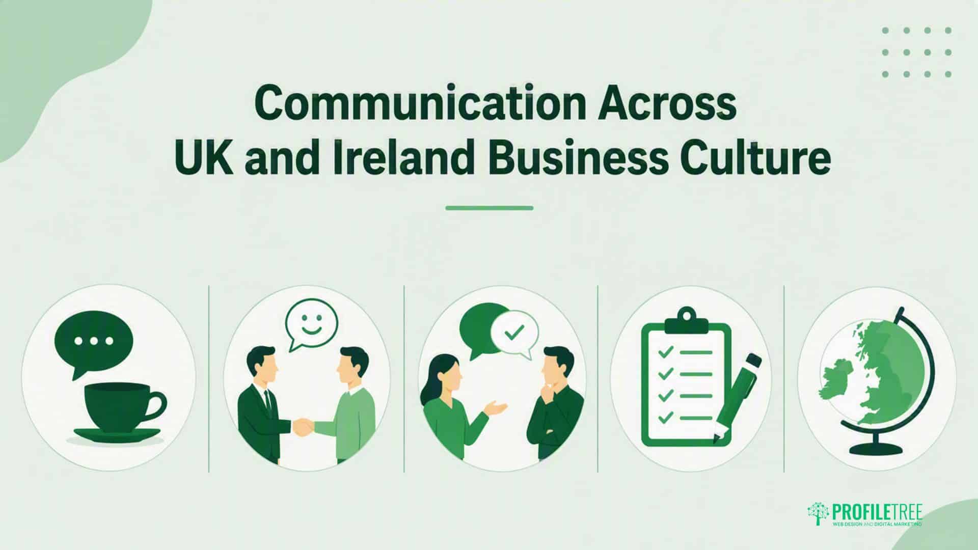 Five green icons under the title Communication Across UK and Ireland Business Culture—illustrating a coffee cup, handshake, people talking, checklist, and a map of the UK and Ireland—reflect The Art of Communication essential for building effective relationships in these regions.