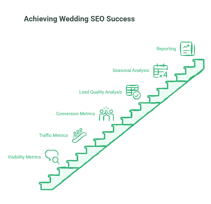 A staircase diagram labeled Achieving Wedding SEO Success, with steps named: Visibility Metrics, Traffic Metrics, Conversion Metrics, Lead Quality Analysis, Seasonal Analysis, and Reporting, each with an icon.