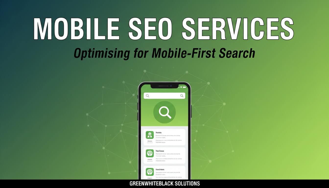 A graphic with the title Mobile SEO Services: Optimising for Mobile-First Search features a mobile phone displaying a search interface, on a green gradient background with network-like lines.