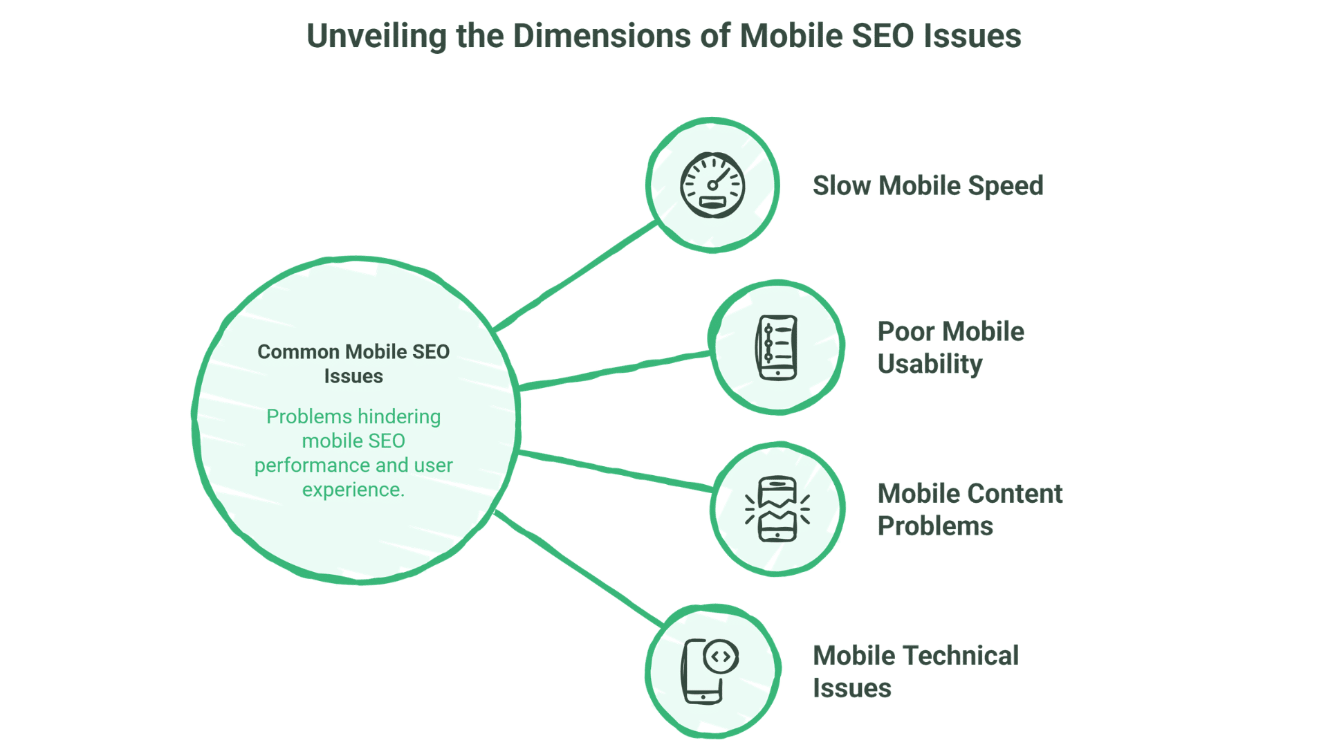 A diagram showing four main mobile SEO issues—slow mobile speed, poor mobile usability, mobile content problems, and technical issues—all linked to a central bubble labelled Common Mobile SEO Issues, highlighting the importance of effective mobile SEO services.