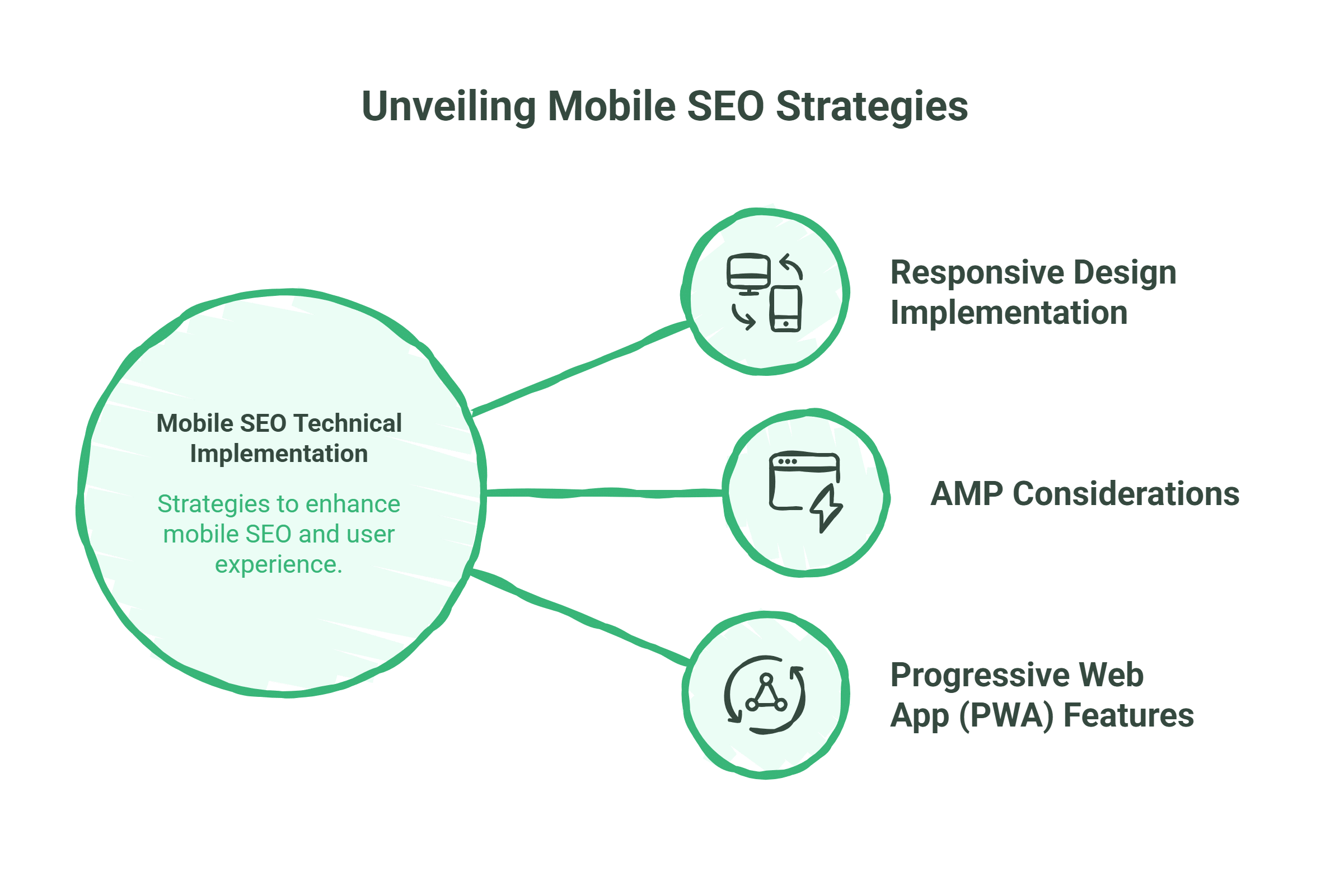 A diagram titled Unveiling Mobile SEO Strategies shows three branches from Mobile SEO Technical Implementation: Responsive Design Implementation, AMP Considerations, and Progressive Web App (PWA) Features—all essential aspects of effective mobile SEO services.