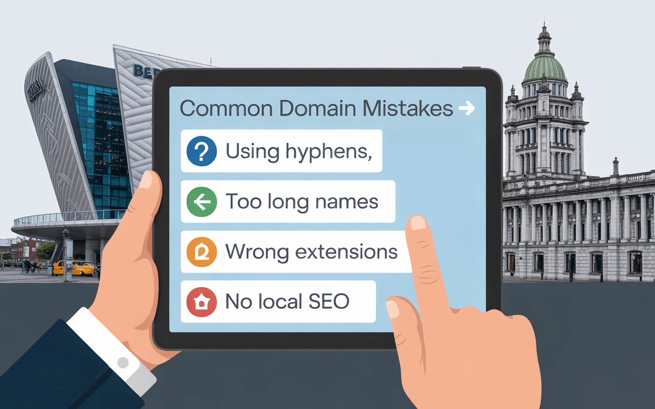 A person holds a tablet displaying common domain mistakes—using hyphens, long names, wrong extensions, and no local SEO—with Name.com tips. Modern and historic buildings appear in the background.