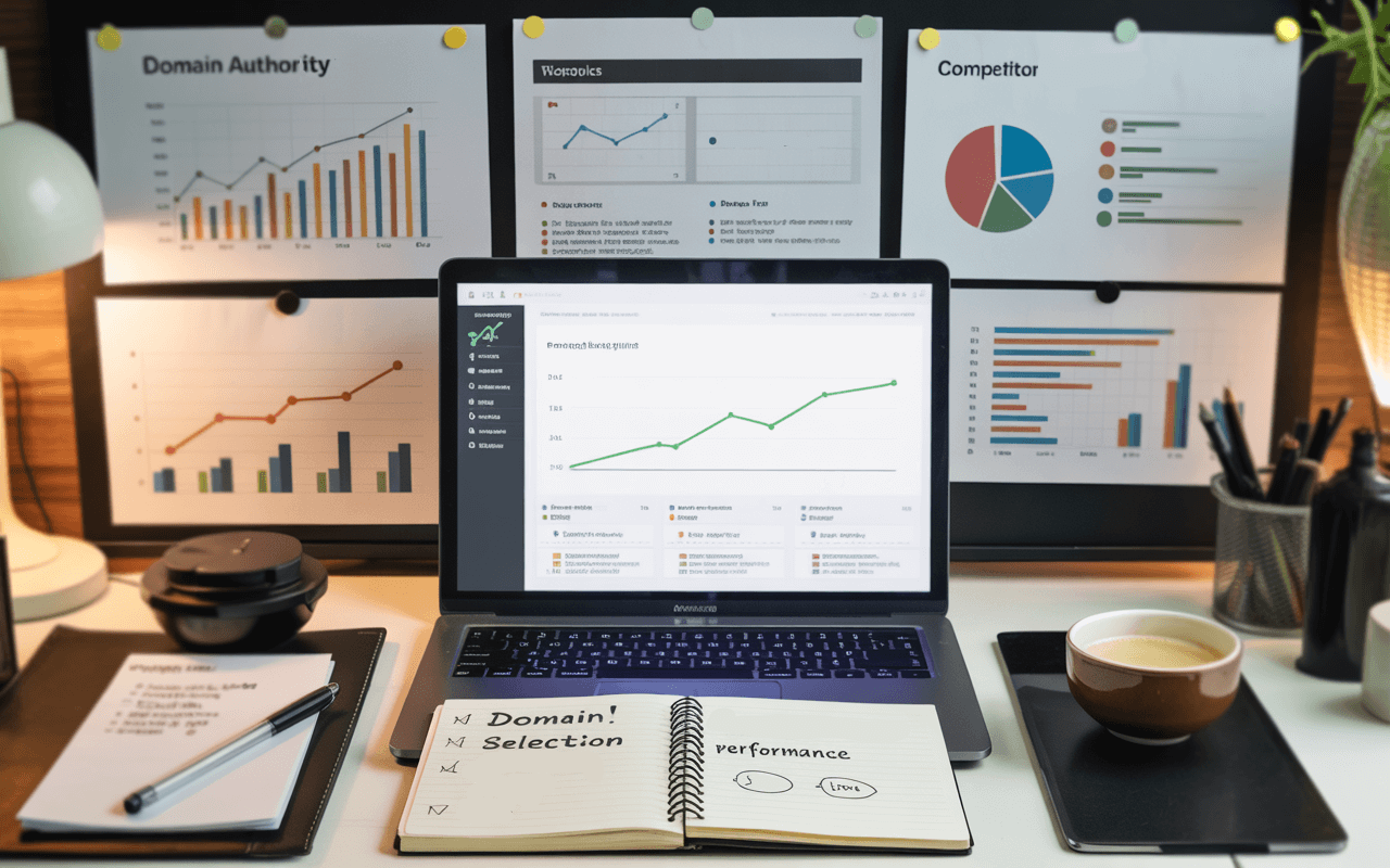 A laptop on a desk displays a line graph, surrounded by charts labeled Domain Authority and Competitor. Notebooks, a pen, coffee, and office supplies—plus Name.com branding—suggest a workspace for analysis and online strategy.