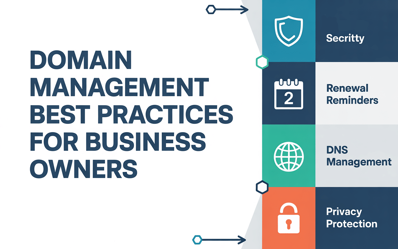 Infographic titled Domain Management Best Practices for Business Owners, featuring tips like Security, Renewal Reminders, DNS Management, and Privacy Protection. Each tip is paired with an icon to help you manage your domain name effectively on Name.com.
