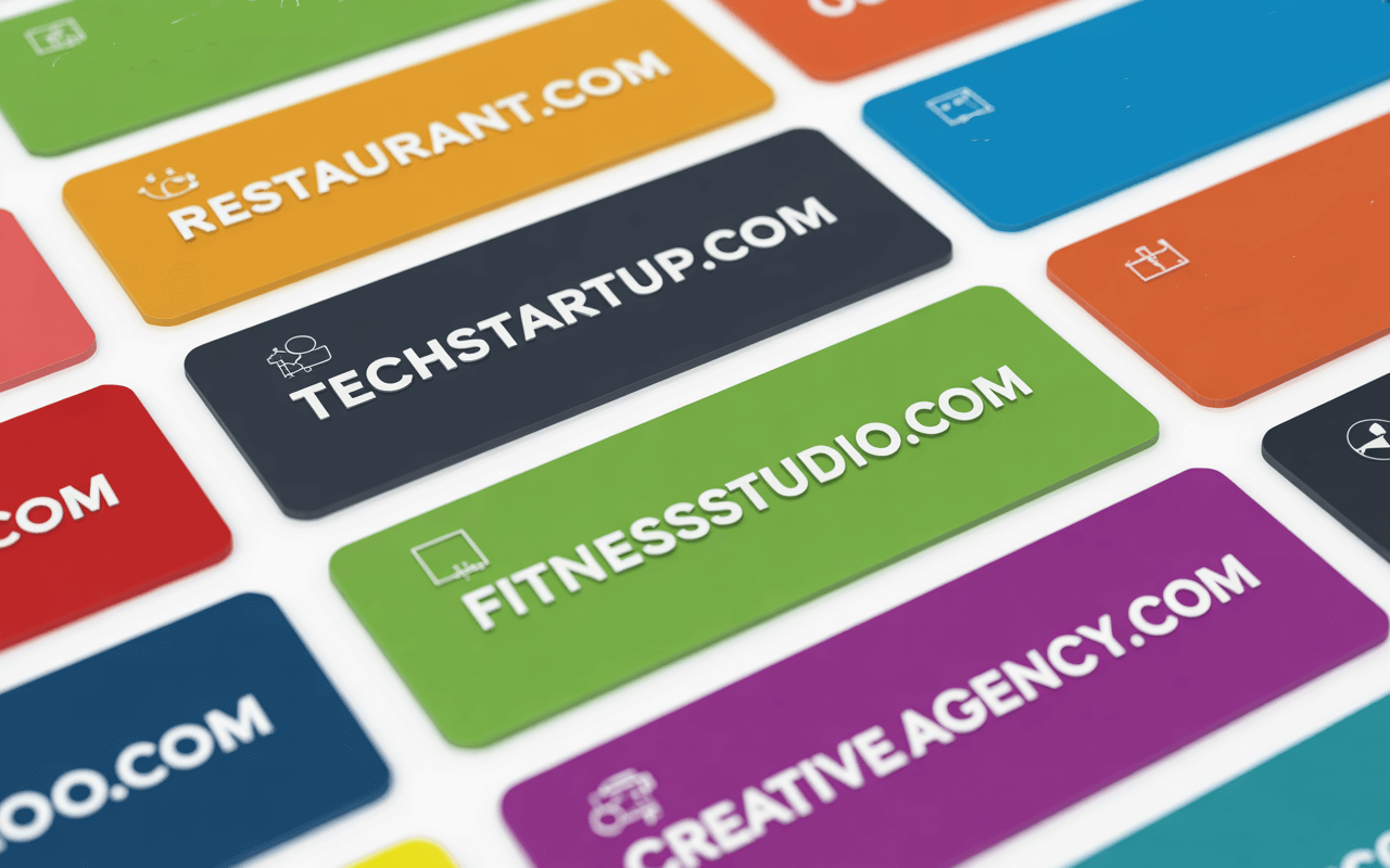 Colorful rectangular labels with domain names like TECHSTARTUP.COM, RESTAURANT.COM, FITNESSSTUDIO.COM, and CREATIVEAGENCY.COM from Name.com, each featuring relevant icons on the left, displayed on a clean white background.