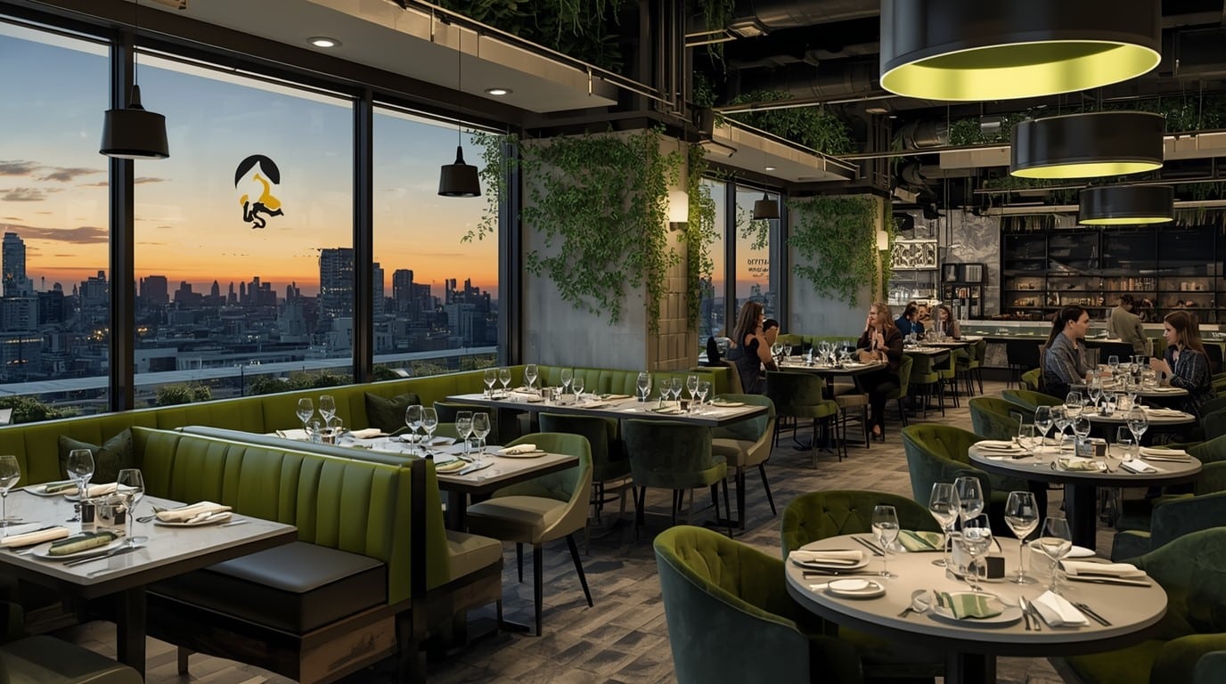 A modern restaurant with green upholstered seating and large windows showing a city skyline at sunset. Several diners are seated at tables, enjoying the stylish, relaxed atmosphere—perfect for boosting Restaurant SEO through stunning ambiance photos.