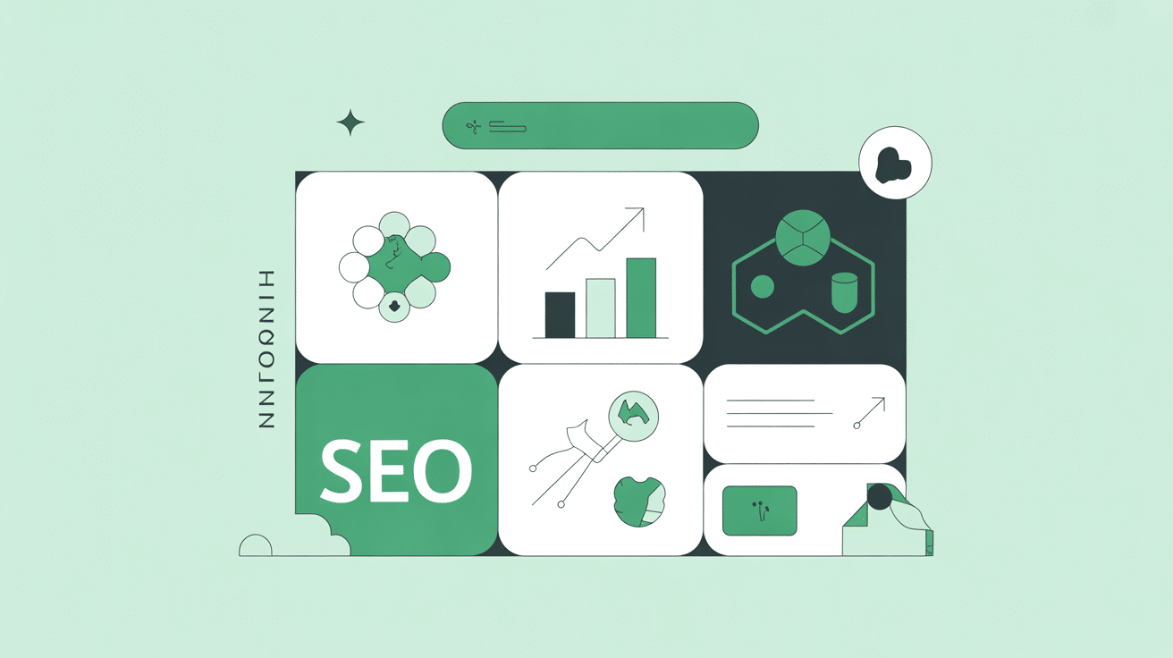 A stylized illustration showing various SaaS SEO-related icons, graphs, a search bar, and data charts in green and white tones, with the word SEO prominently displayed on one tile.