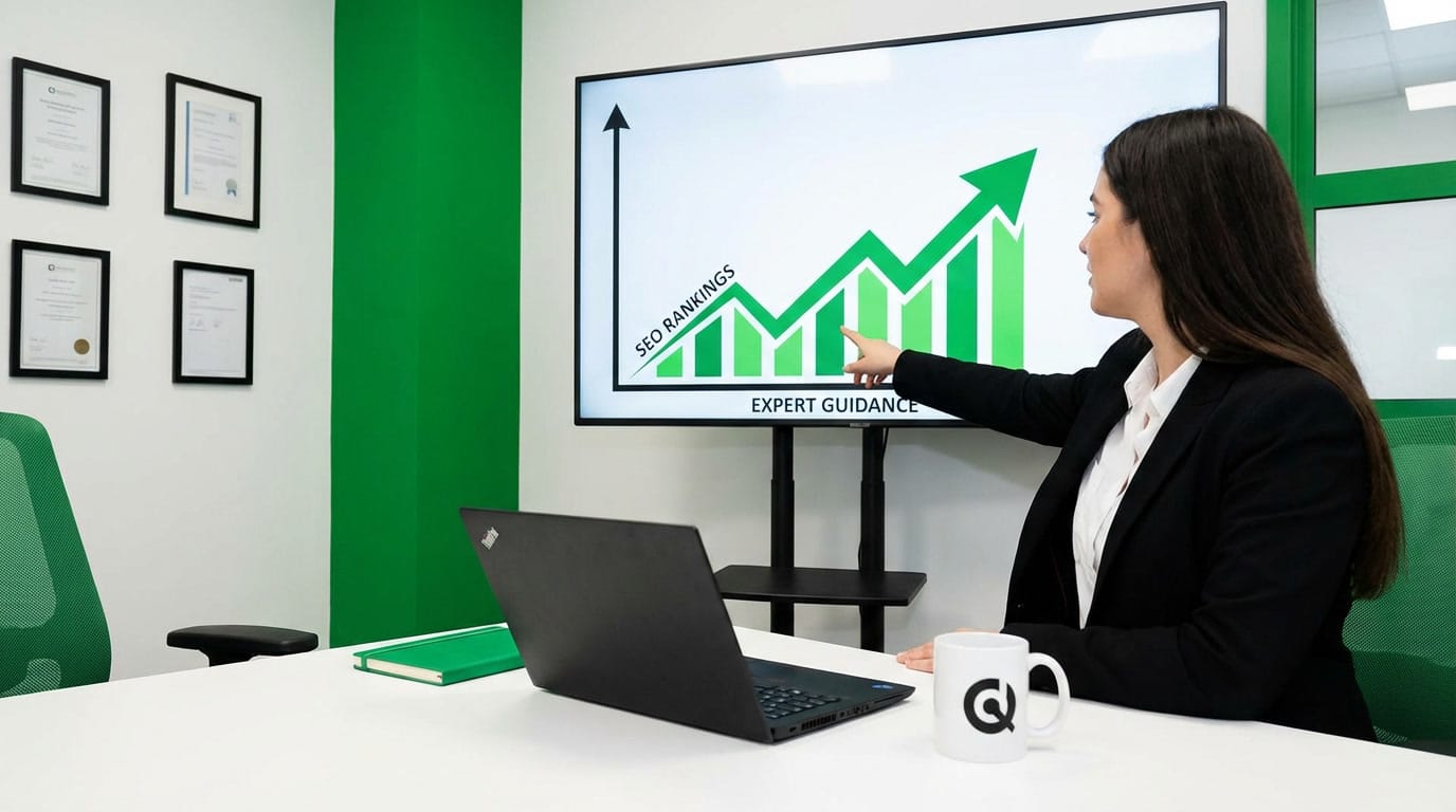 A woman in business attire points to a rising bar graph labeled SEO RANKINGS, EXPERT GUIDANCE on a screen, highlighting the impact of professional SEO Consulting. A laptop, notebook, and branded mug are on the table in front of her.