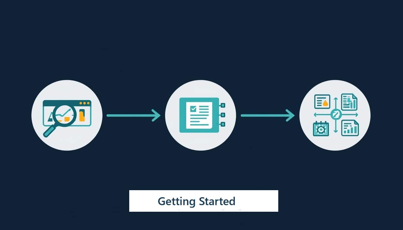 A flowchart with three circular icons: a computer screen with images and a magnifying glass, a clipboard with a checklist, and a calendar with documents—showing the steps of getting started with SEO for accountants. Arrows connect each stage, labeled Getting Started.
