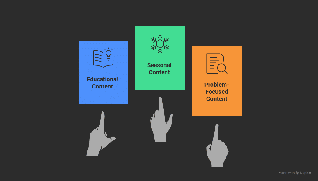 Three illustrated hands point upward at colored rectangles labeled Educational Content (blue), Seasonal Content (green with a snowflake), and Problem-Focused Content (orange), on a dark background—perfect for accountant SEO or accounting firm SEO content planning.