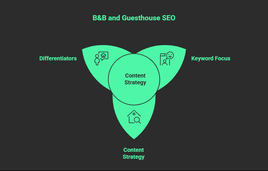 A Venn diagram titled B&B and Guesthouse SEO shows three overlapping sections: Differentiators, Keyword Focus, and Content Strategy—with Hotel SEO featured at the center. Icons illustrate each section for effective SEO for Hotels strategies.