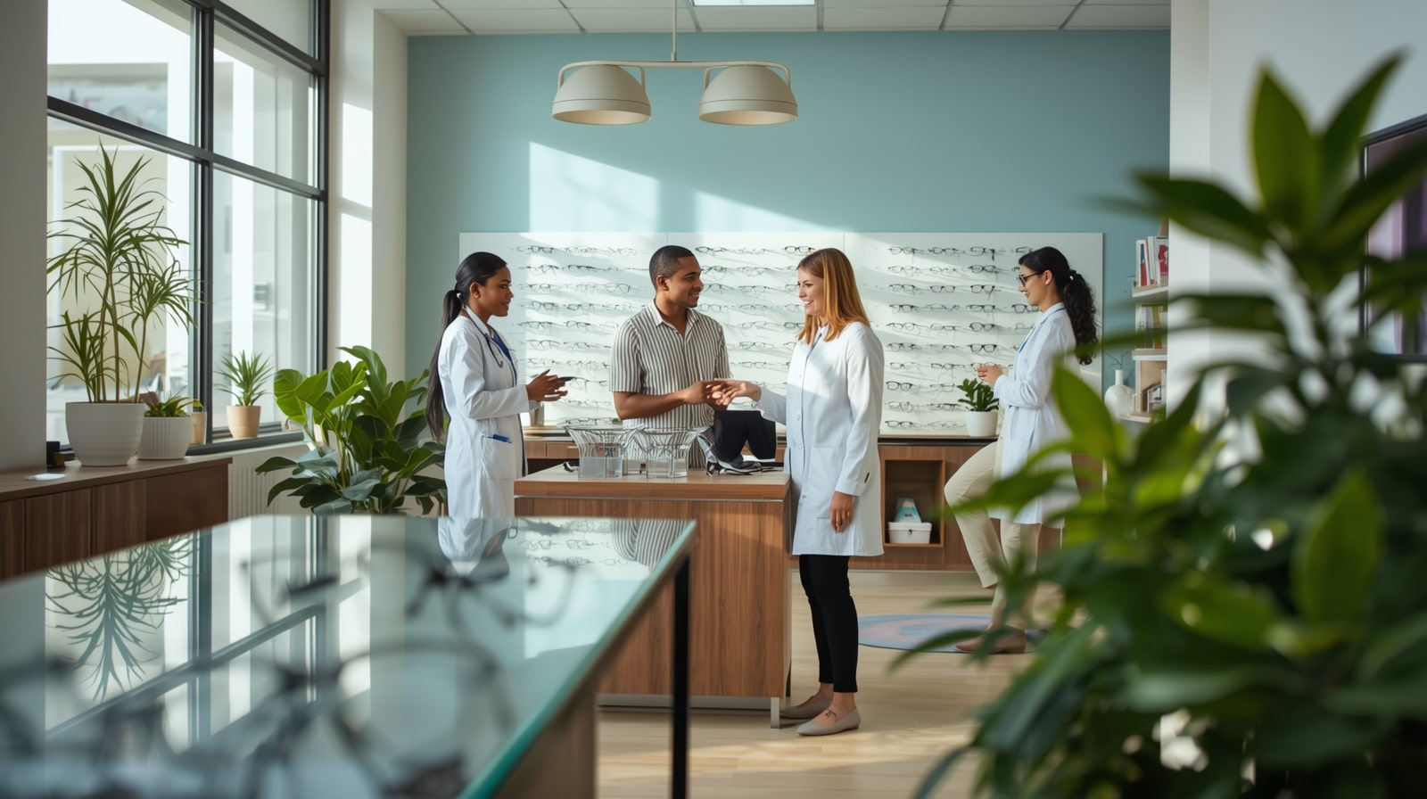 Four people, including two women in white lab coats, talk in a modern, well-lit optometry office with eyeglasses on display—an ideal setting for discussing SEO for Opticians and Eye Care to boost online visibility.