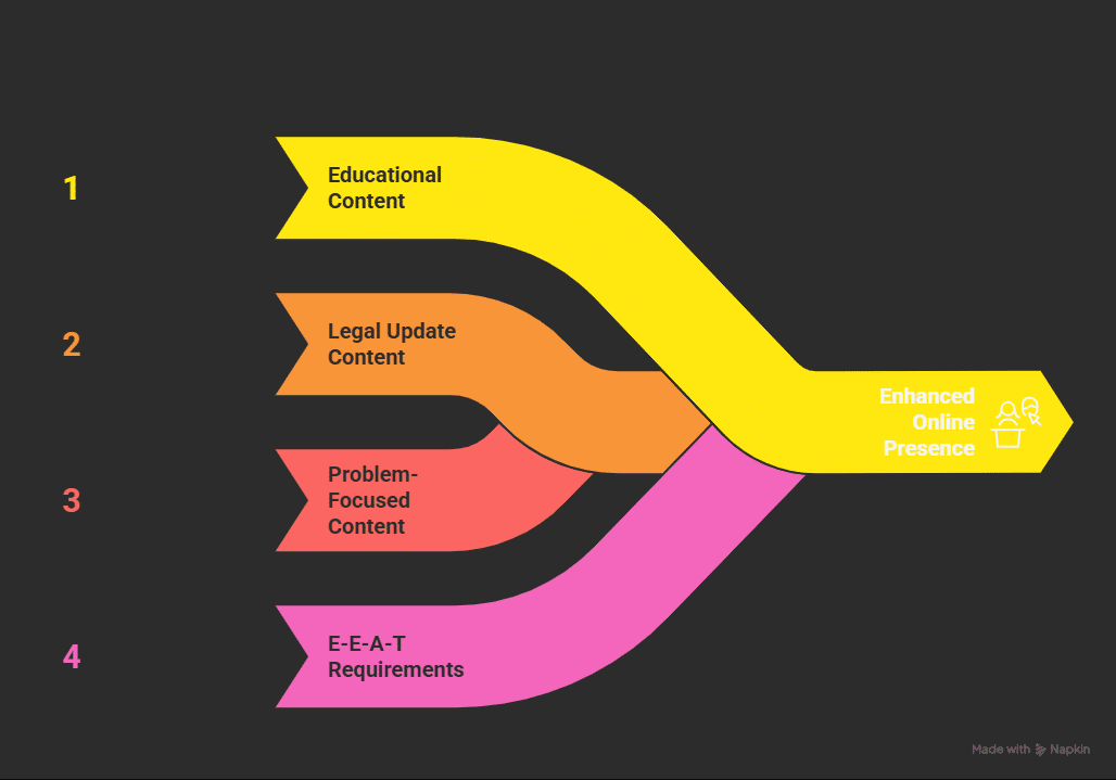A flowchart with four colored paths—Educational Content, Legal Update Content, Problem-Focused Content, and E-E-A-T Requirements—converging into Enhanced Online Presence for a law firm or solicitors on a dark background, illustrating SEO for Solicitors.