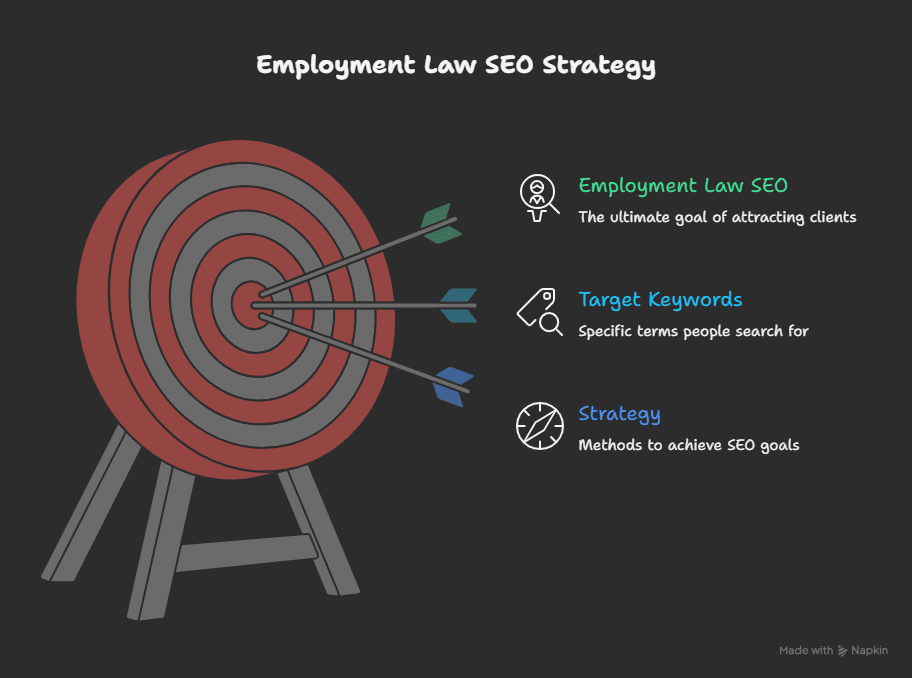 A bullseye with three arrows in the center. Next to it, text reads: Employment Law SEO—the ultimate goal for Solicitors attracting clients; Target Keywords—specific terms people search for; Strategy—methods that power SEO for Solicitors.